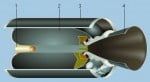ТТРД в разрезе: 1 — воспламенитель; 2 — топливный заряд; 3 — корпус; 4 — сопло
